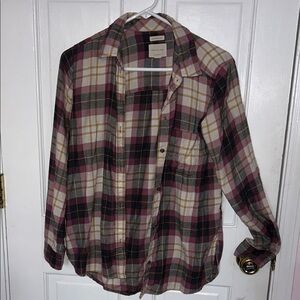 American Eagle Outfitters Plaid Button-Down Shirt in Burgundy, Olive & Cream